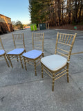 1970s (Rentable Only) Collection of Gold Wooden Seating With White Cushions- Set of 12