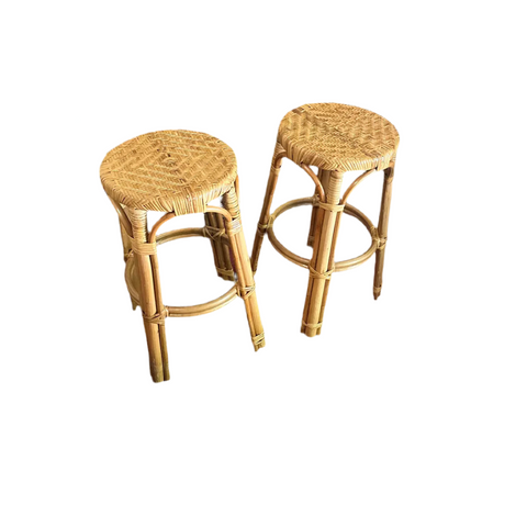 Pair of Boho Woven Wicker Bar Stools