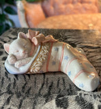 Small Vintage Lennox Christmas Cat Sleeping in Stocking Knick Knack