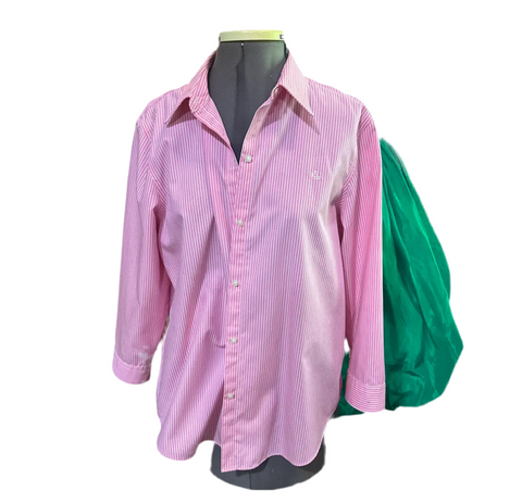 90's Ralph Lauren Pink and White Striped Button Down Shirt With 3/4 Length Sleeves, Size L
