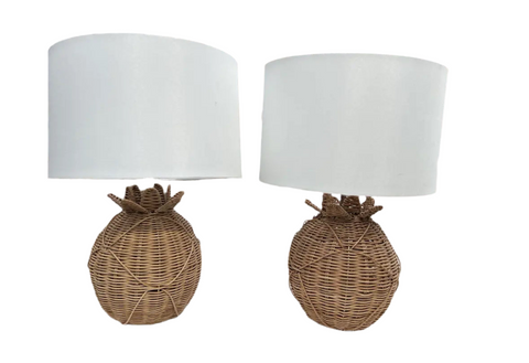 Pair of Wicker Round Lamps With White Lampshades