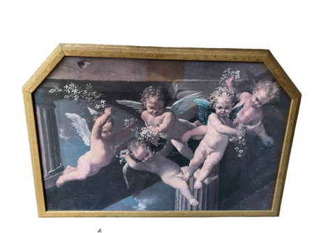 Vintage Cherub Painting in Gold Geometric Frame
