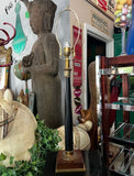 Tall Simple Black Vintage Table Lamp With a Wooden Base and Gold Details