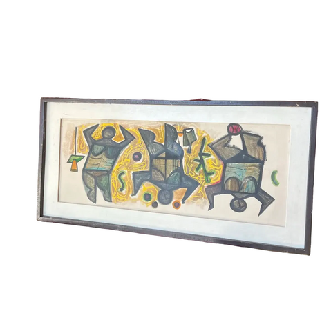 1970s Original Art Oil, Moving Figures Framed