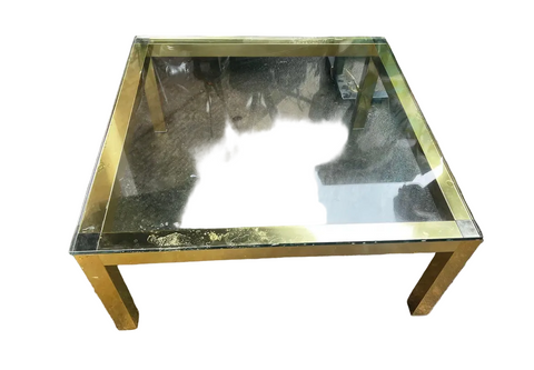 Gold Square Coffee Table With Glass Top Pierre Cardin Style