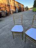 1970s (Rentable Only) Collection of Gold Wooden Seating With White Cushions- Set of 12