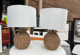 Pair of Wicker Round Lamps With White Lampshades