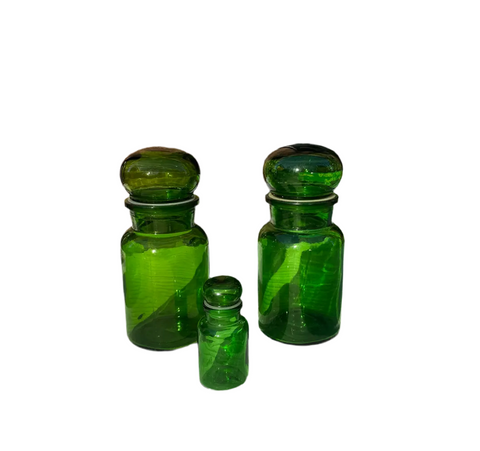 Trio of Matching Green Glass Jars, Including Mini