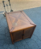 Pair of Wooden Mid-Century End Tables With Caned Accents and Deep Storage