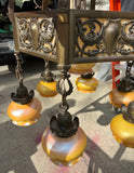 Vintage Heavy Brass Detailed Chandelier With Stained Glass Accents