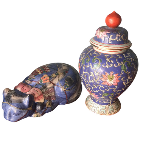 Blue Chinoiserie Sleeping Cat and Porcelain Vase - FREE SHIPPING!