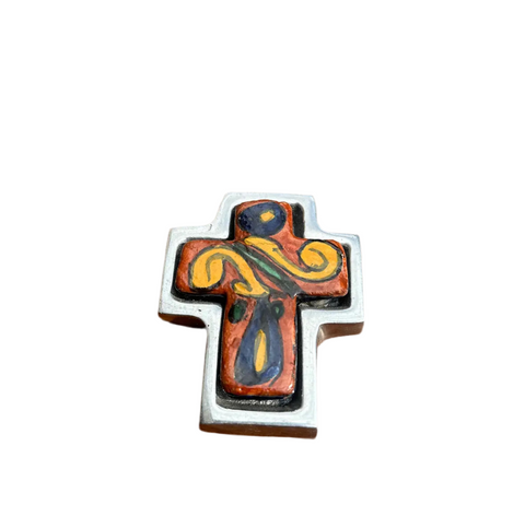 Small Silver and Colorful Ceramic Cross Wall Hanging