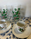 Collection of Vintage Mistletoe Glassware, Espresso Cups With Saucers