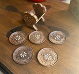 Collection of Hand Carved Wooden Coasters With Holder