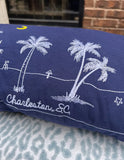 Charleston, Sc Navy Blue Pillow With Embroidered Palm Trees