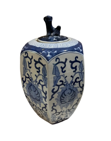 Vintage Blue and White Jar and Lid With an Animal Figure Accent