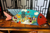 Hand Painted Folk Art Wedding Scene on Wooden Fish Art Piece