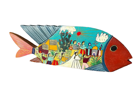 Hand Painted Folk Art Wedding Scene on Wooden Fish Art Piece