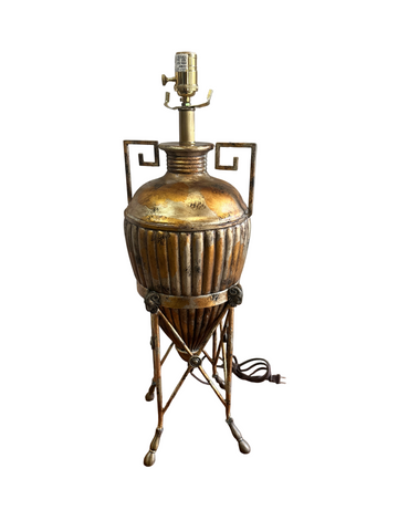 Vintage Brass Colored, Urn Style Footed Table Lamp with Greek Key and Ram Head Details