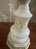 Vintage White Ceramic Table Lamp with Green Floral Accents and Lampshade
