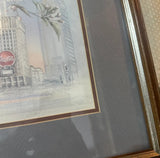 Signed and Framed Cityscape Drawing With Coca Cola Sign and Theater