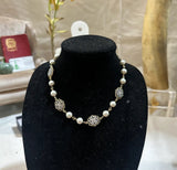 Vintage Mixed Metal Flower Charm and Pearl Necklace