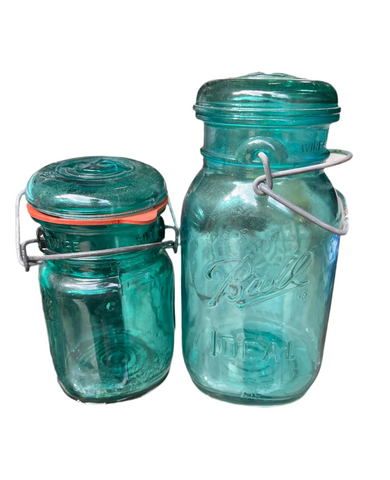 Pair of Teal Blue Glass Vintage Ball Jars With Lids