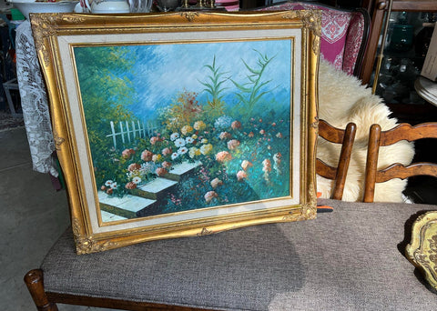 Oversized Oil Painting of Flower Scene on Canvas in Large Gold Frame
