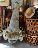 Vintage Extra Large Gold and Crystal Deer Head 18-Light Chandelier