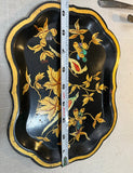 Vintage Asian Floral Black Lacquered Tray With Gold Accents