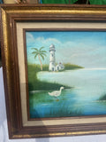 Lighthouse and Egrets Seascape Painting on Canvas, Signed by the Artist, Framed