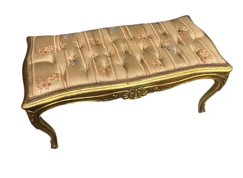 Vintage Gilded Gold Wooden Bench With Tufted Cushion