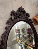 Dark Wooden Oval Mirror and Console Table With Marble Top Pair