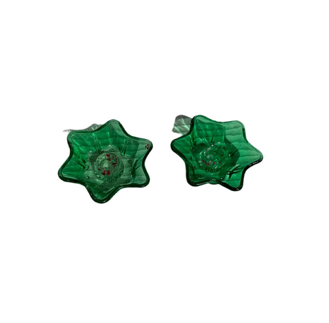 Pair of Green Glass Star Candlestick Holders