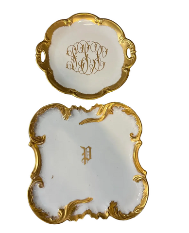 Pair of White and Gold Ceramic Monogrammed Plates