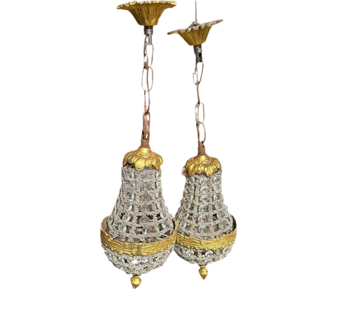 Pair of Gold and Crystal Pendant Lights