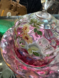 Beautiful Pink Glass Cake Cover and Plate with Floral Accents