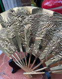 Solid Brass Asian Fan and Stand With Bird and Floral Details