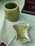 Pair of Green Ceramic Wheat Catchall and Tray