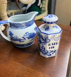 Pair of Blue and White Ceramic Dishes- Pitcher and Bath Oil Jar