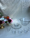 Collection of Glass Etched Punch Bowls and Cups With Matching Serving Tray and Bowl- Set of 10