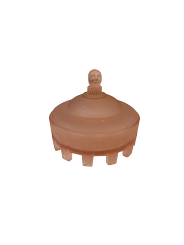 Art Deco Frosted Pink Depression Glass Catchall and Lid With Bust Details