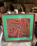 Hand Sewn Colorful Tapestry in Red Frame