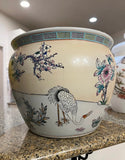Large Ceramic Planter With Bird and Greek Key Accents