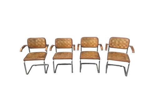 Collection of Cantilever Marcel Breuer Leather Woven and Chrome Chairs- Set of 4