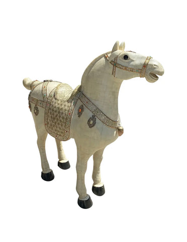 Oversized Vintage Marble Horse Statue With Gem and Gold Details