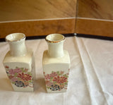 Miniature Pair of Small White Ceramic Asian Vases With Floral Accents