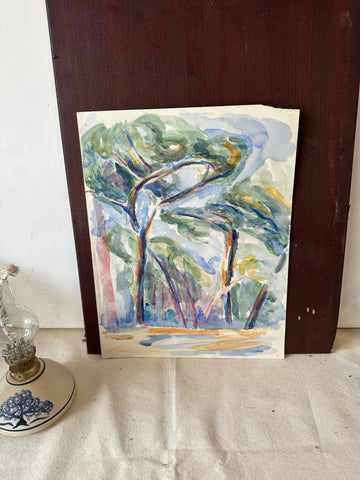 Abstract Watercolor Painting of Trees and Water Scene