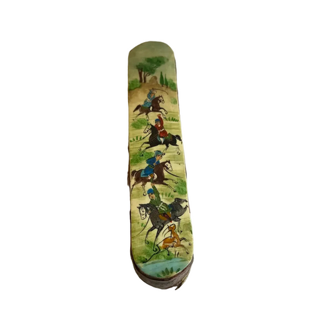 Vintage Asian Wooden Sliding Box With Equestrian Accents