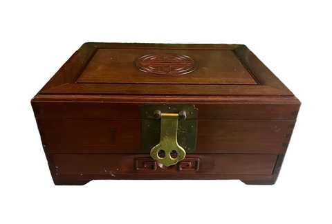 Vintage Asian Style Wooden Green Velvet Lined Jewelry Box With Latch